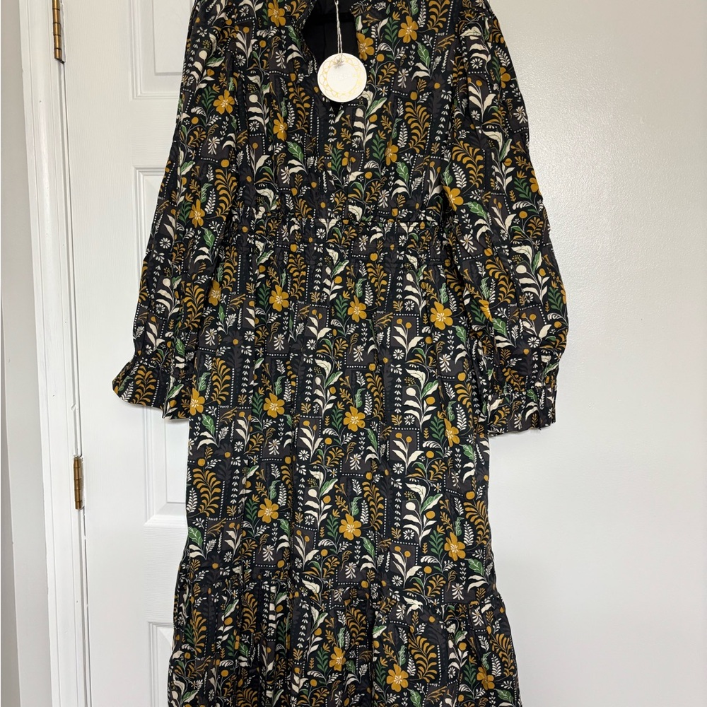 Umgee Black Floral Tiered Long Sleeve Dress with Mustard and Green Details